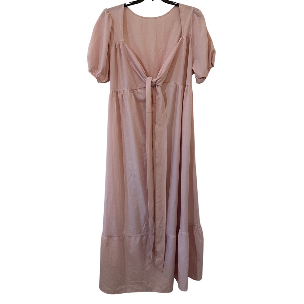 SHEIN Curve Womens 2XL Pink Puff Sleeve Tie Front Tiered Midi Dress Cottagecore